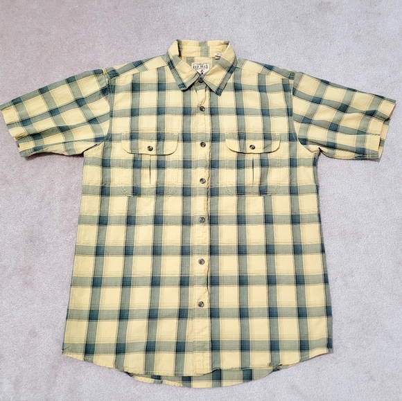 Red Head Shirt Mens Size Medium Short Sleeve Button Up yellow Plaid 100% Cotton - Picture 1 of 8